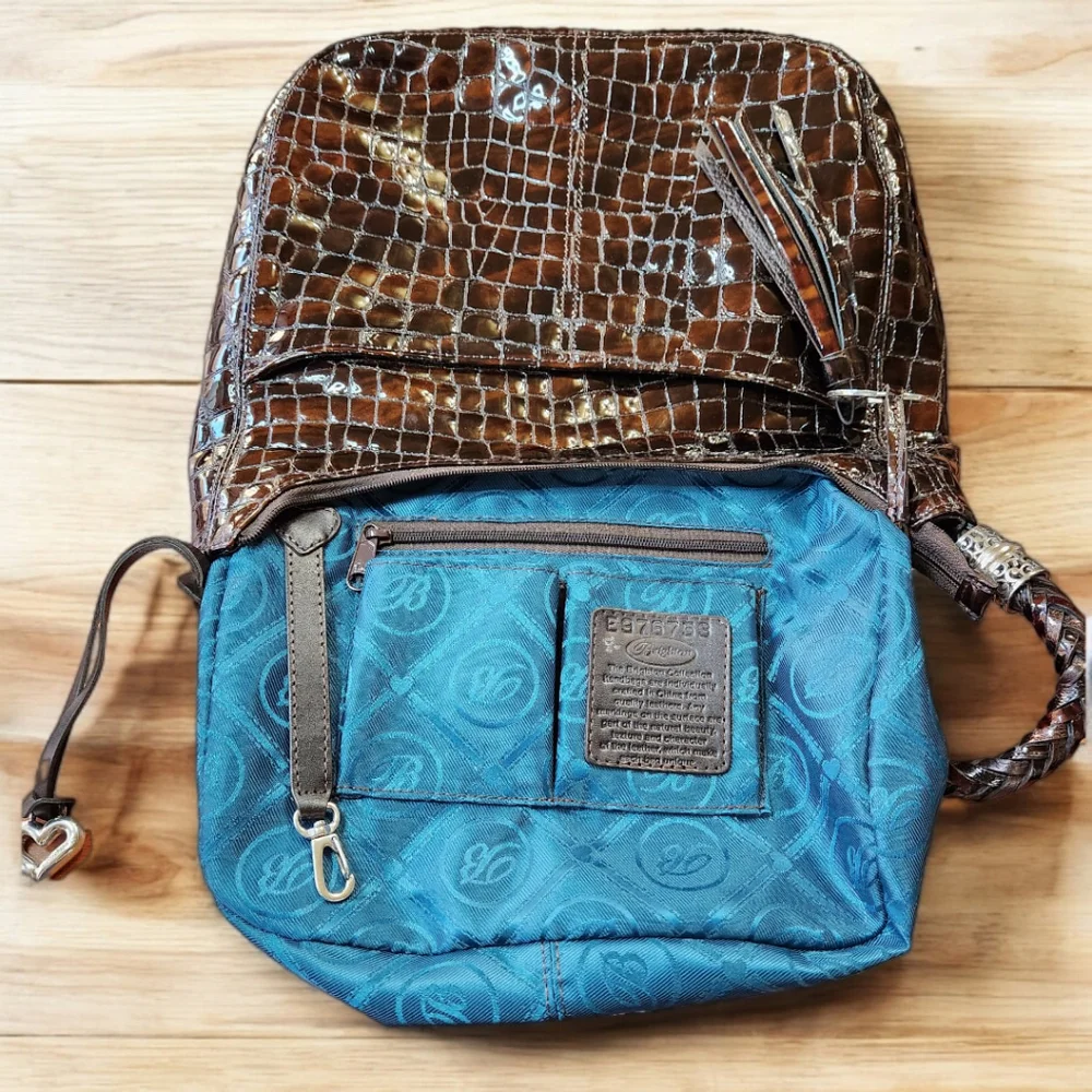 **Brighton Barbados Espresso Croc Shoulder Bag with Turquoise interior fabric